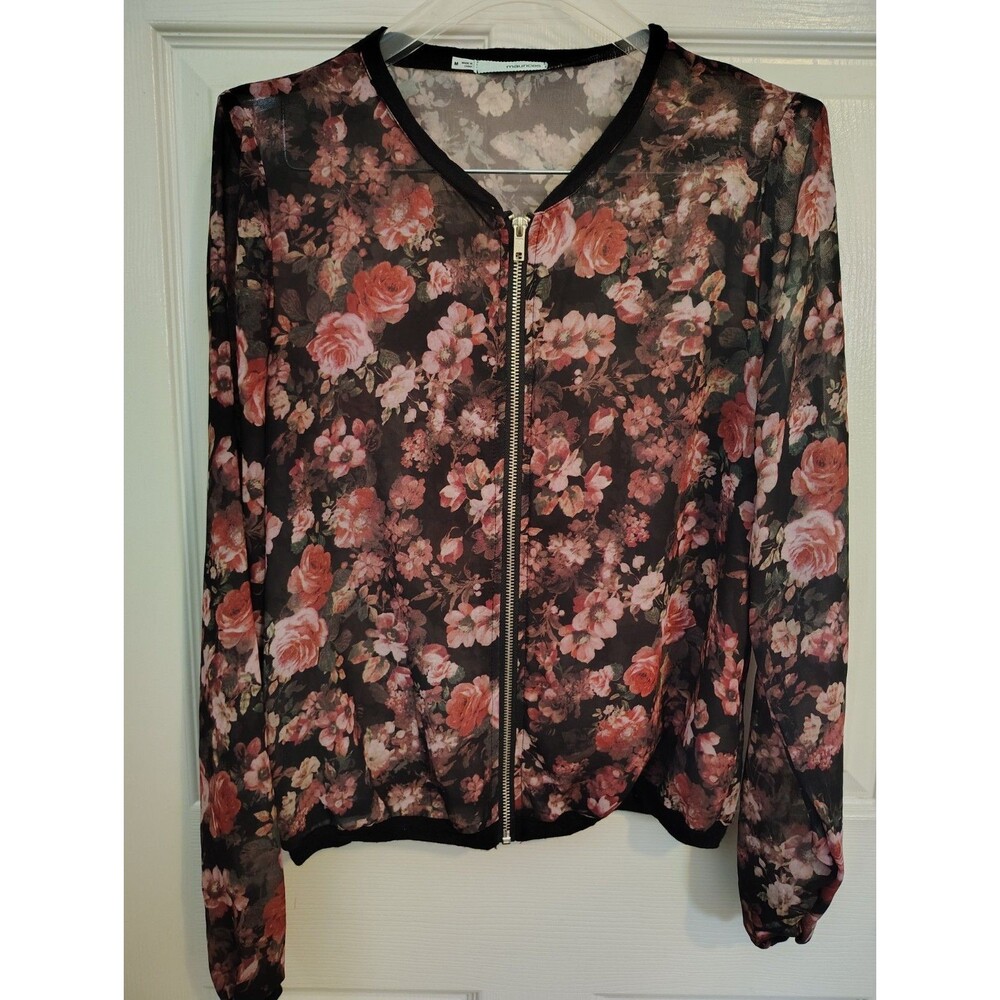 Maurices Women's Black Pink Floral Sheer Lightweight Zip Front Bomber Jacket M
